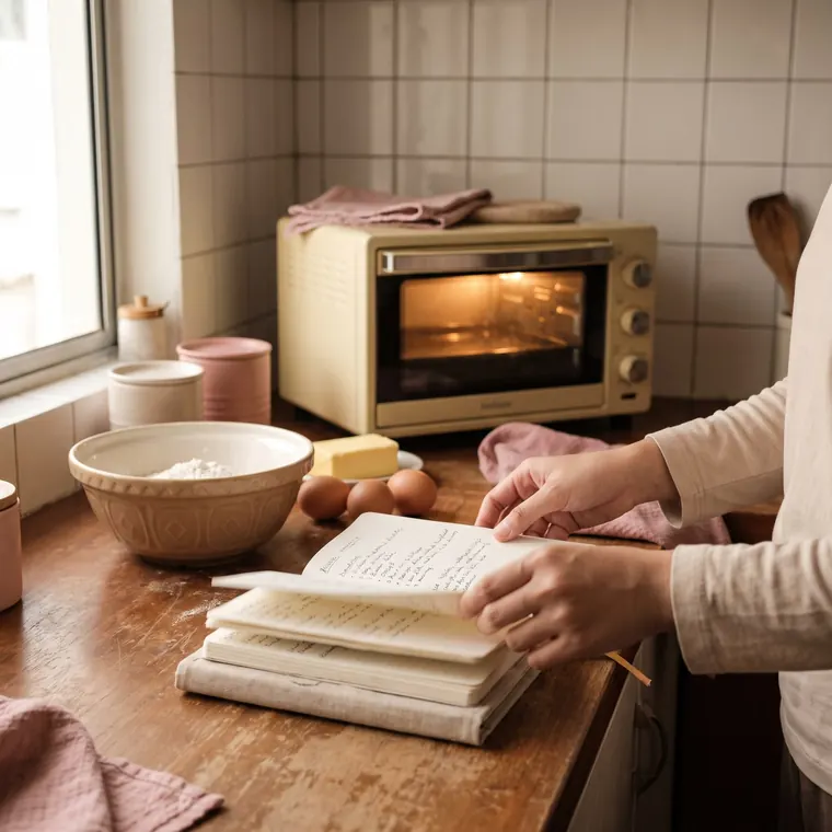 Dapur rumah dengan buku resipi terbuka dan oven toaster