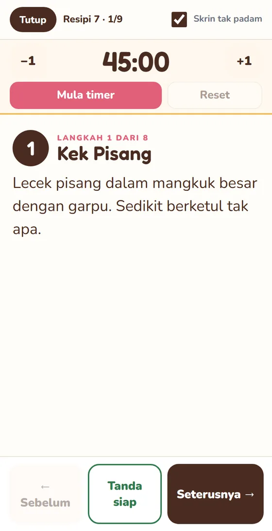 Mod Dapur: satu langkah satu skrin dengan timer