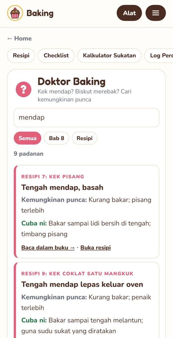 Doktor Baking dalam web app: cari mendap