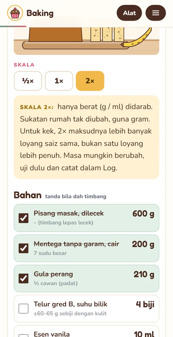 Alat Resipi: skala 2× dan tanda bahan